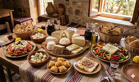 Ένα πλούσιο, ρουστίκ κρητικό τραπέζι στρωμένο με παραδοσιακά πιάτα σε μια ταβέρνα όπου κυριαρχούν διάφορα κρητικά τυριά (Γραβιέρα, Μυζήθρα, Φέτα).